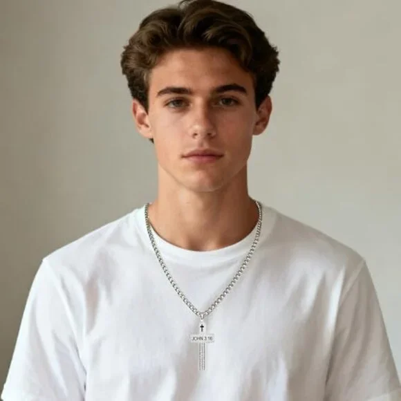 Stainless Steel Cross Necklace Engraved John 3:16 Classic Faith Jewelry Gift - Picture 5 of 7